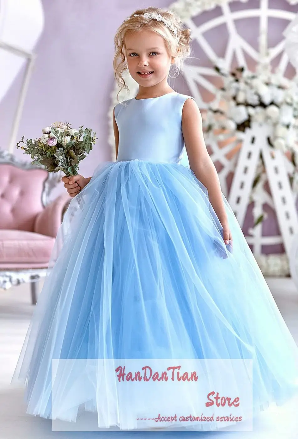 

Flower Girl Dresses for Wedding Satin Princess Pageant First Communion Tulle Gown