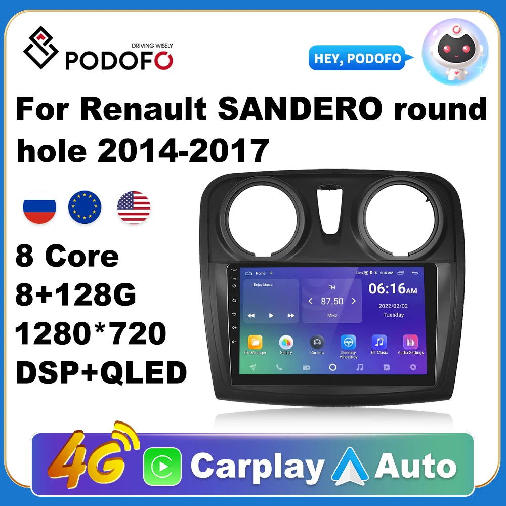 Podofo Car Android CarPlay Radio Multimedia Player For Renault SANDERO round hole 2014-2017 2 Din Autoradio Video AI Voice GPS