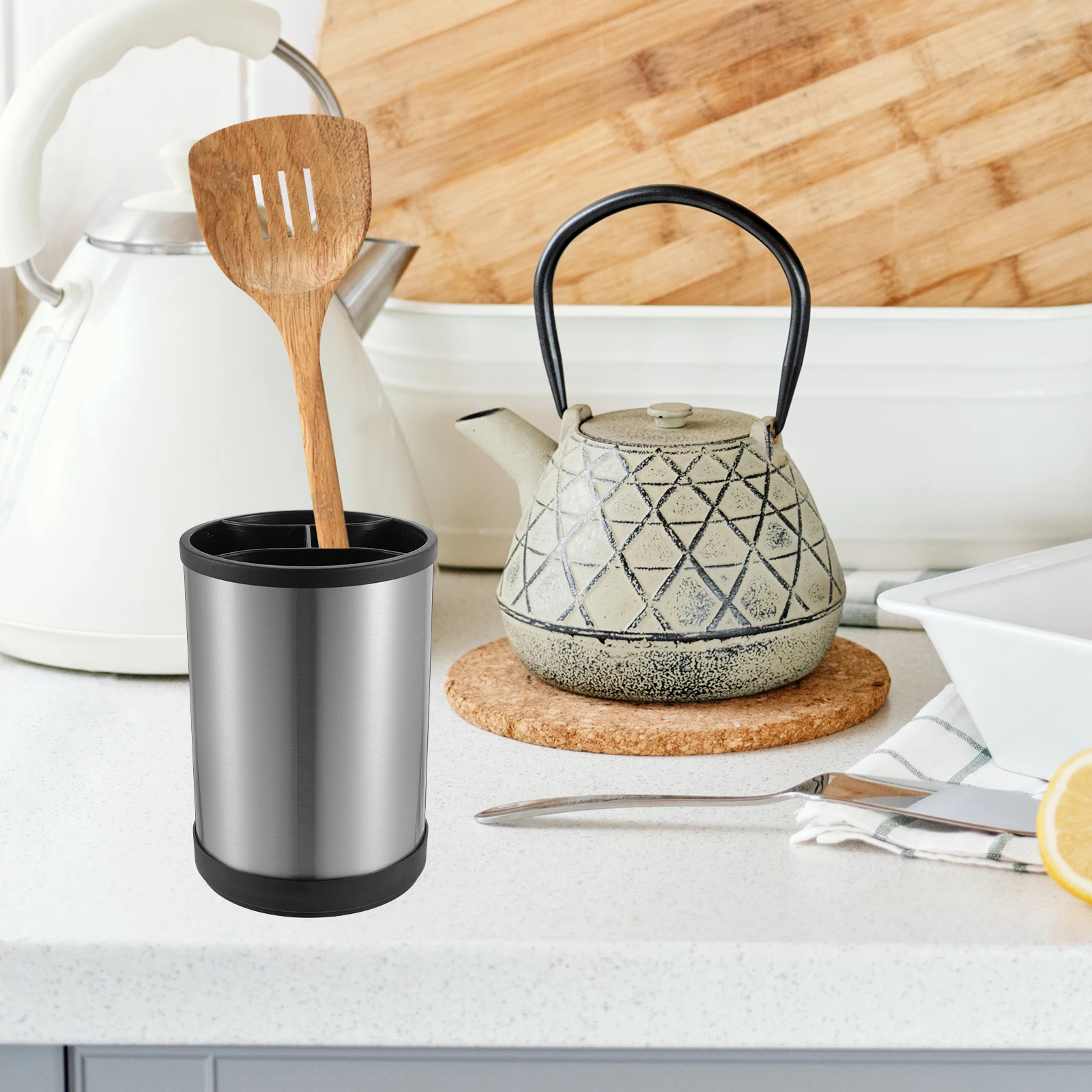 

Rotating Kitchenware Container Stainless Steel Cutlery Holder Spoons ganizer Black Metal Storage Seat Utensil Rack Flatware Cage