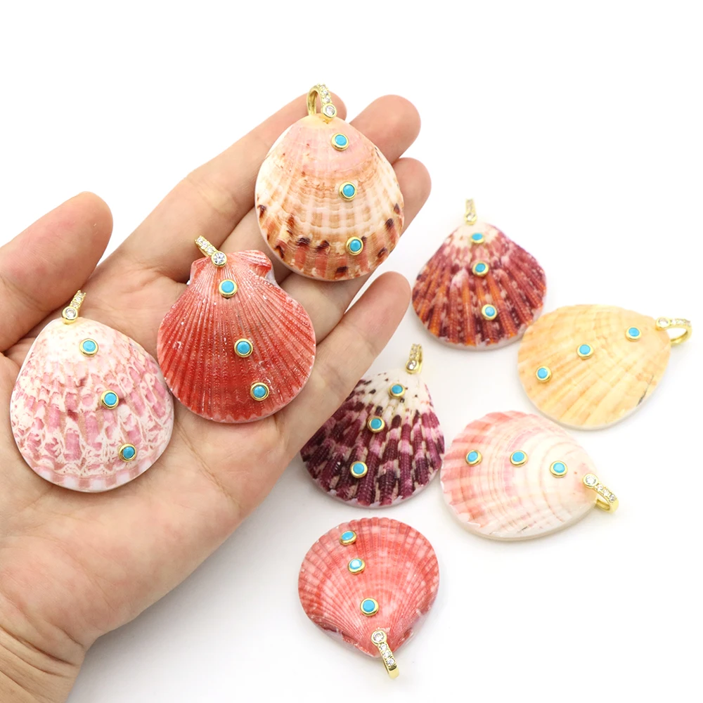 Dijes de concha con patrones naturales, hermosos, coloridos y blancos, con forma de abanico, con circonitas incrustadas y colgante con gancho, collar bohemio de playa.