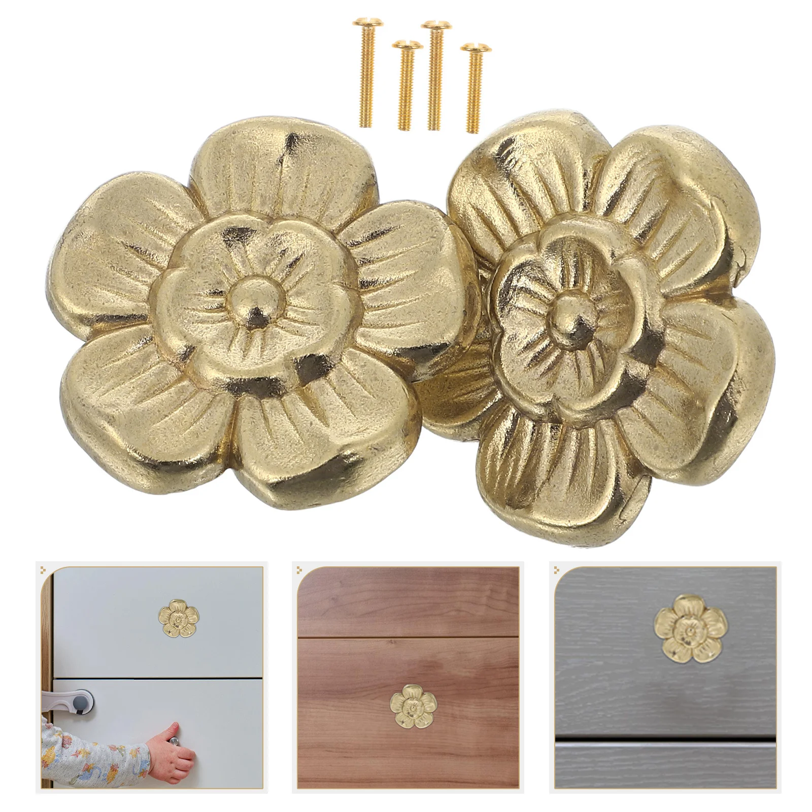 

2Pcs Brass Flower Knobs Vintage Cabinet Handles for Dressers Drawers Wardrobes Kitchen Drawer Hardware Closet Hardware