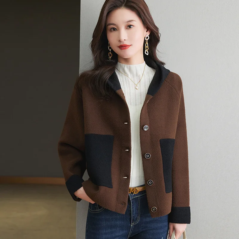 봄 가을 울 코트 여성용 2025 신상 숏 재킷 패션 후드 가디건 아우터 컬러 매칭 오버코트 여성 상의