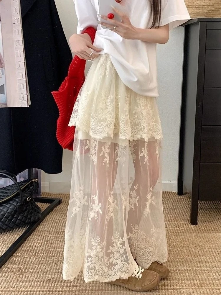 

Летние кружевные юбки в стиле Лолита для женщин, кавайные юбки в корейском стиле, элегантные японские юбки с высокой талией, юбки А-силуэта в стиле Y2K