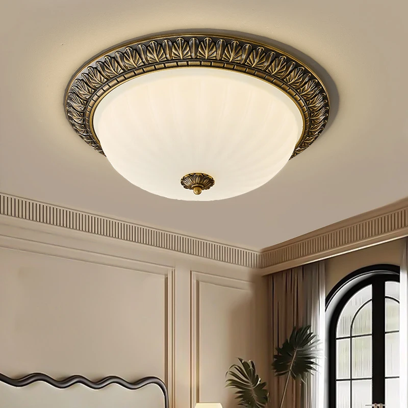 Nordic Retro Rotundity Copper LED Ceiling Light White Glass Lampshade Living Room Bedroom Hotel Corridor Restaurant Hanging Lamp