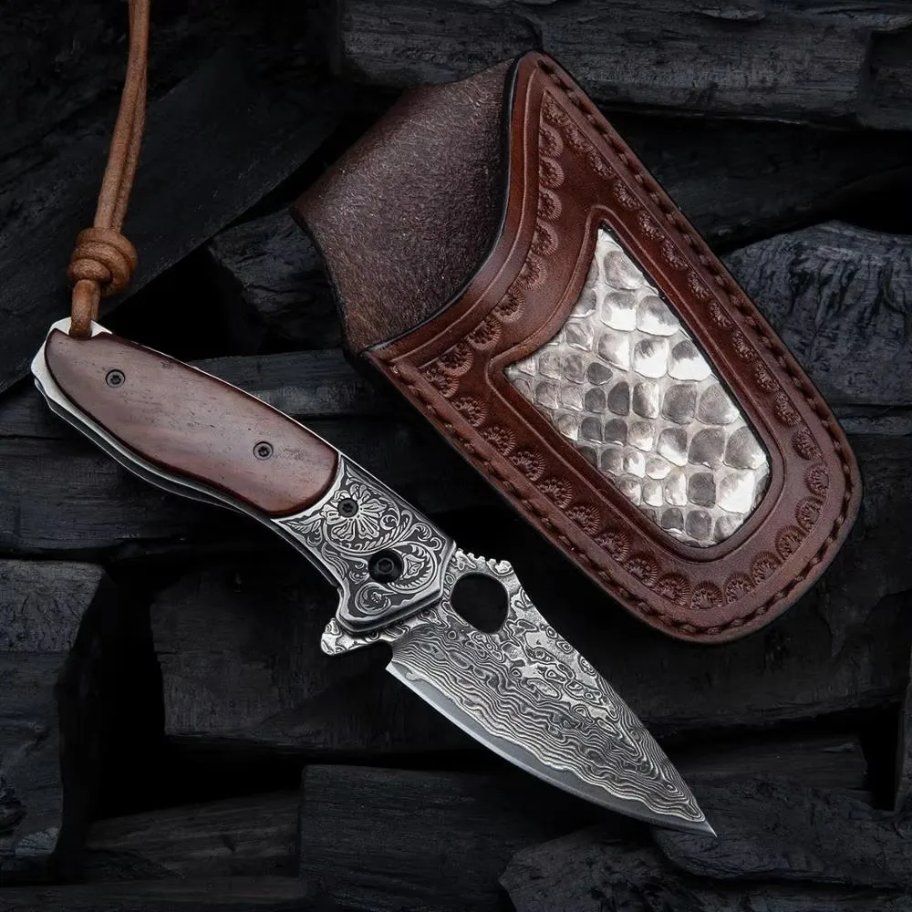 Japanese VG10 Core Damascus Folding Pocket Knife with Leather Sheath Rosewood Handle EDC Knive for Self Defence Hunting Camping