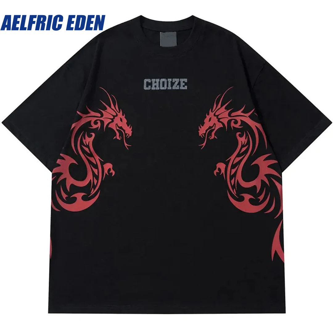 Aelfric Eden Chinese Dragon Print Cotton Loose Tshirt Harajuku T-Shirt Men Hip Hop Streetwear Unisex Fashion Summer Casual Tops