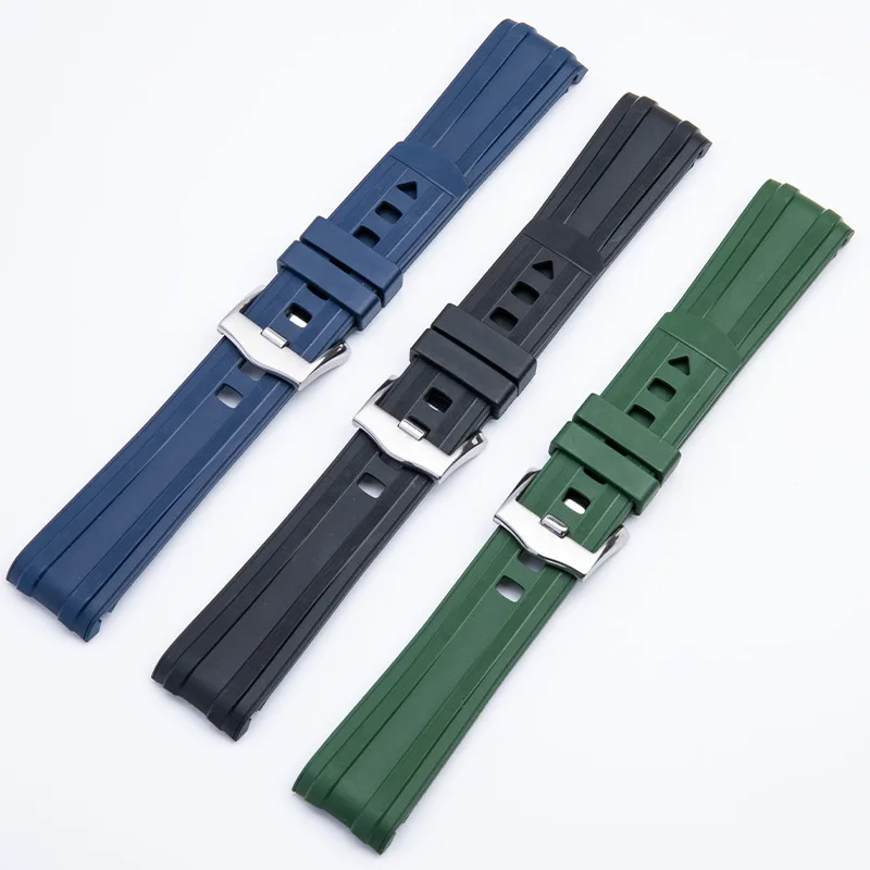 Curved End Rubber Green Blue Black Strap for Omega Seamaster 300  Diving Stainless Steel Buckle Men Replacement Watchbands 20mm