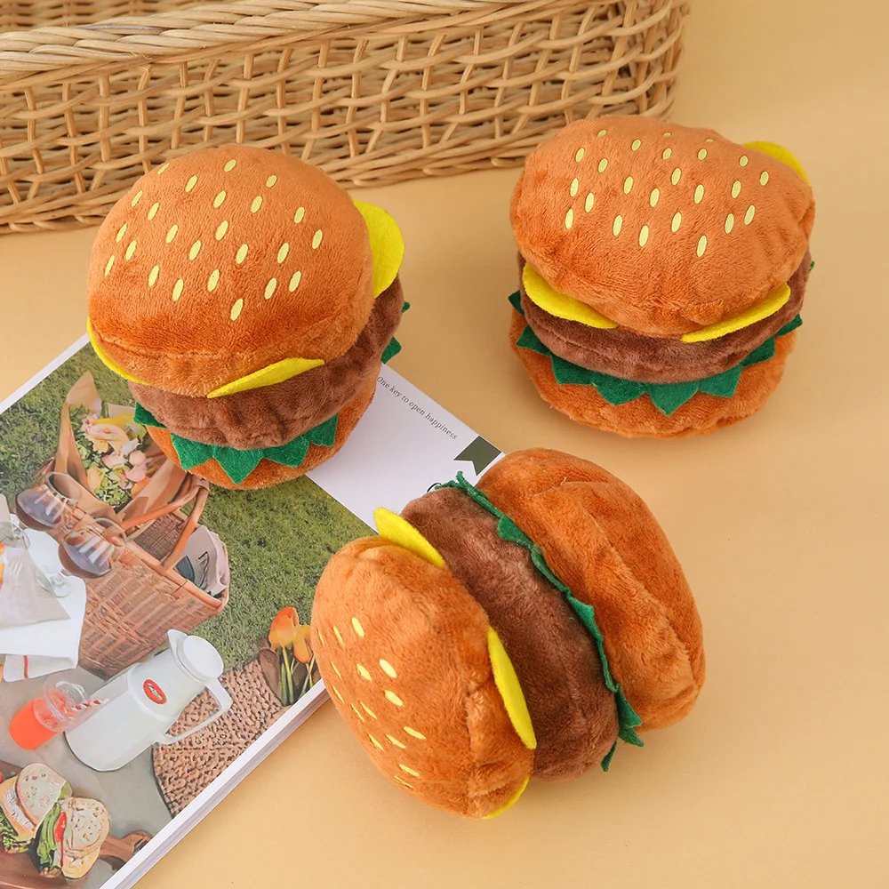 Juguete para masticar para perros con hamburguesa, juguete de peluche chirriante para limpieza de dientes, juguete duradero resistente a mordeduras para entrenar,