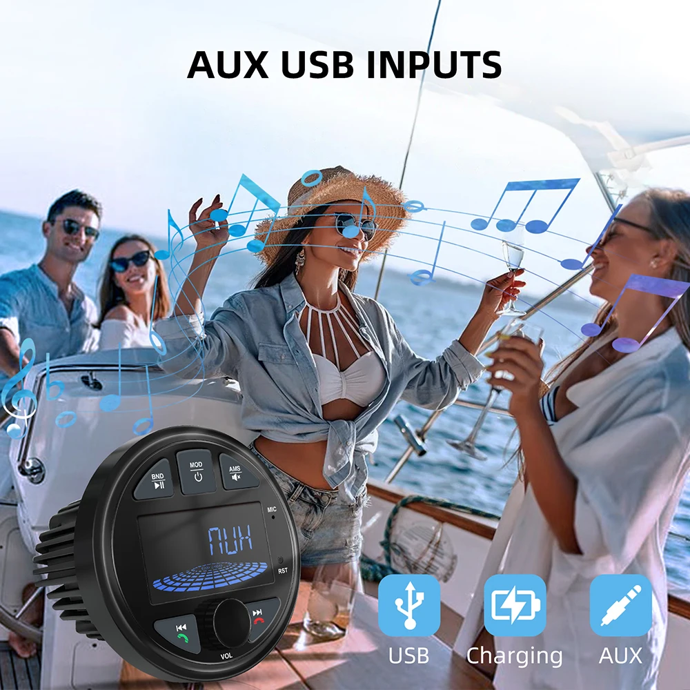 NUOVA Radio per barche Sorgente stereo marina Lettore multimediale AM FM RDS Ricevitore MP3 MP4 Riproduzione video Bluetooth AUX per ATV UTV Carrello Moto