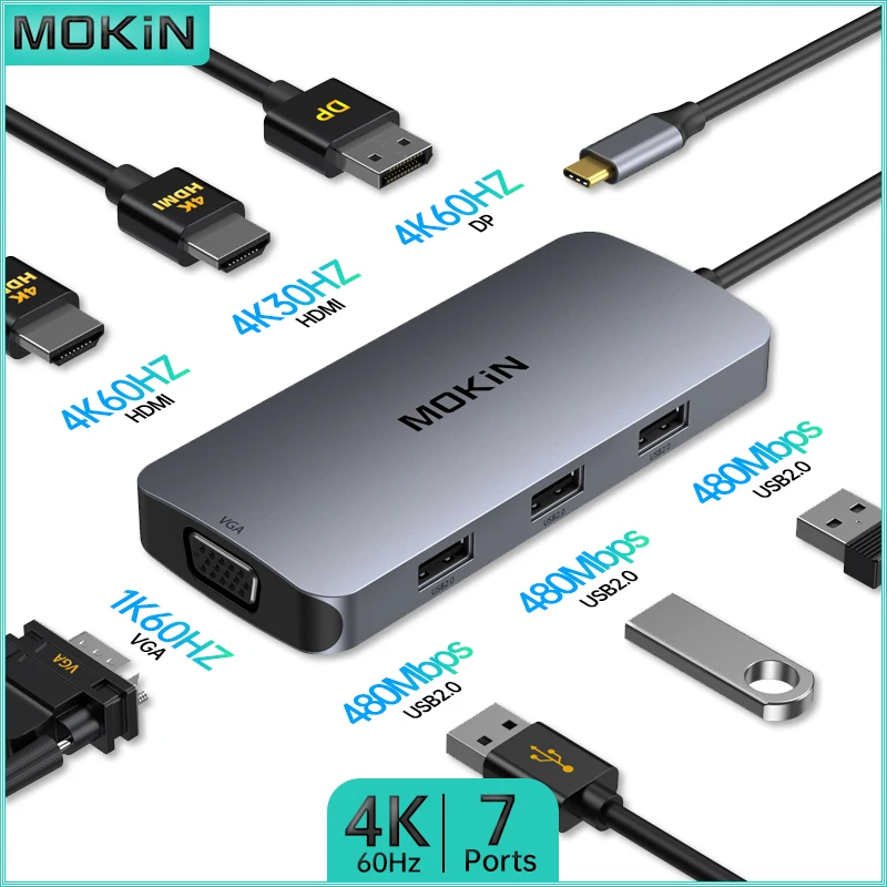 

MOKiN 7-in-1 USB C Hub Docking Station: USB C to 2 HDMI + VGA, DP, 3 USB 2.0 for Mac iPad Laptop for Mac iPad Thunderbolt Laptop