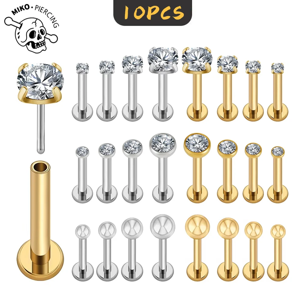 10pcs G23 Titanium 20/18/16g Piercing 2/2.5/3/4mm CZ Lip Labre Earrings Set Lip Stud Ring Tragus Free Spiral Cartilage Jewelry