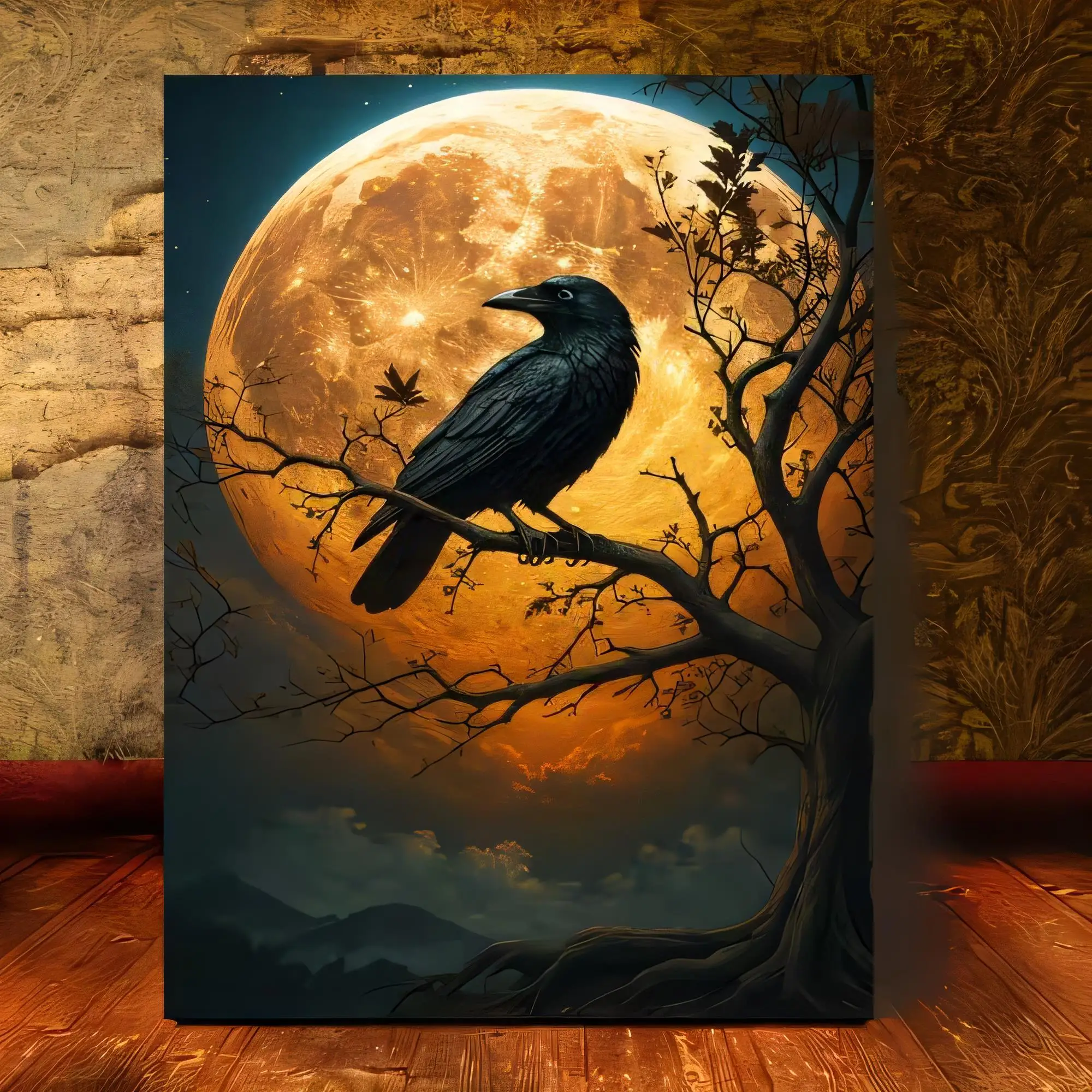Tin Sign Vintage Halloween Night Raven on Branch Under Full Moon Wall Decor Rustic Metal Poster for Home Bar Pub Office Gift,
