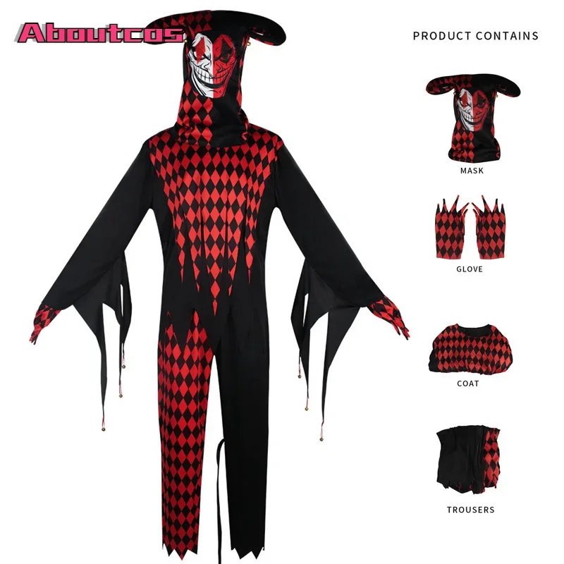 Aboutcos Adult Scary Bloody Clown Halloween Costume Men Evil Horror Clown Dress Up Party Role Play for Male