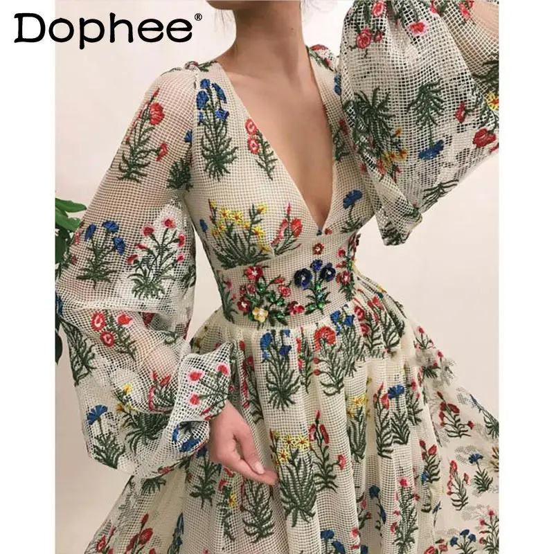 

Spring/ Summer New Embroidery Hollow Holiday Style Long-sleeved Dress Elegant Sexy One-word Shoulder V-neck Split Dress Women