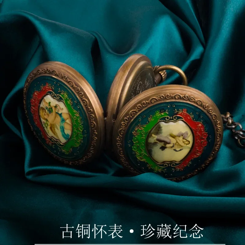 Sun, Moon and Stars Movement Bronze Angel Double Open Flip Manual Mechanical Pocket Watch Antique Memorial Treasure Old Man