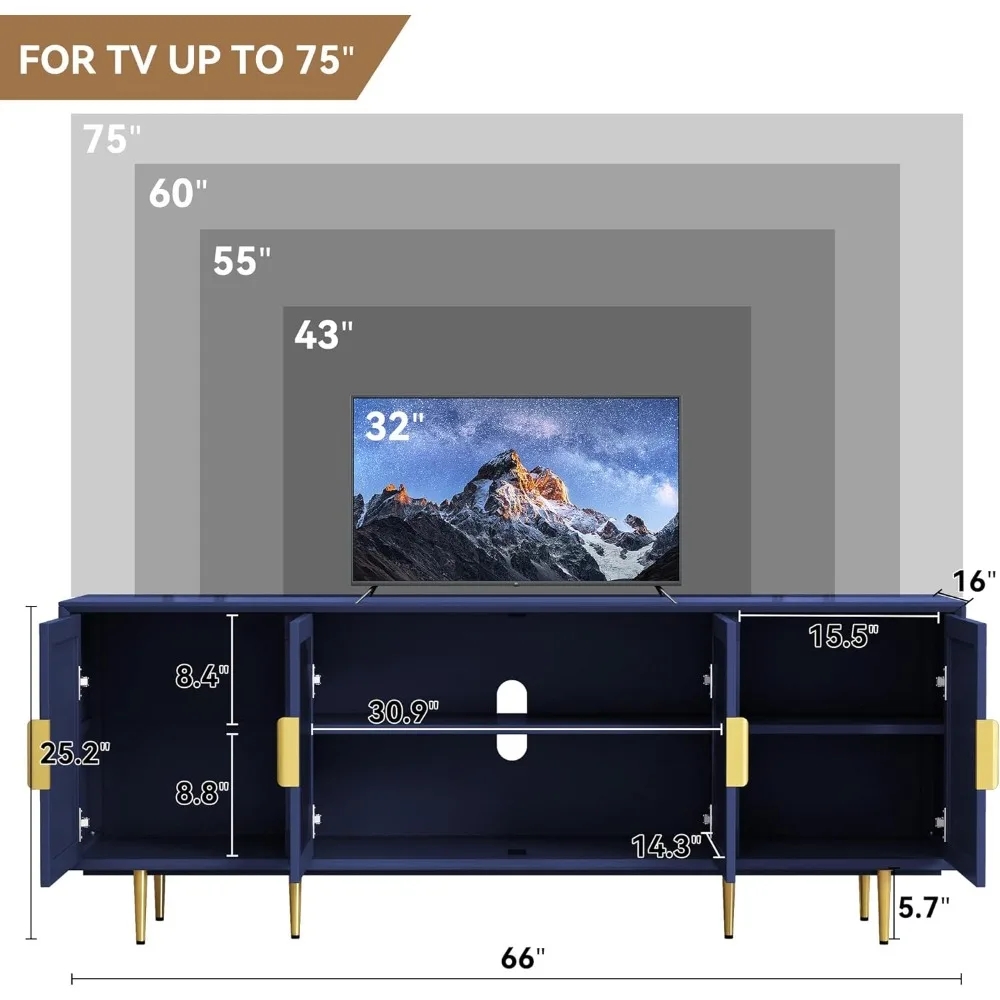 Modern TV Stand for TVs up to 70+ inch, Glass Door Television Console Table with Gold Leg, Entertainment Center, TV Stand