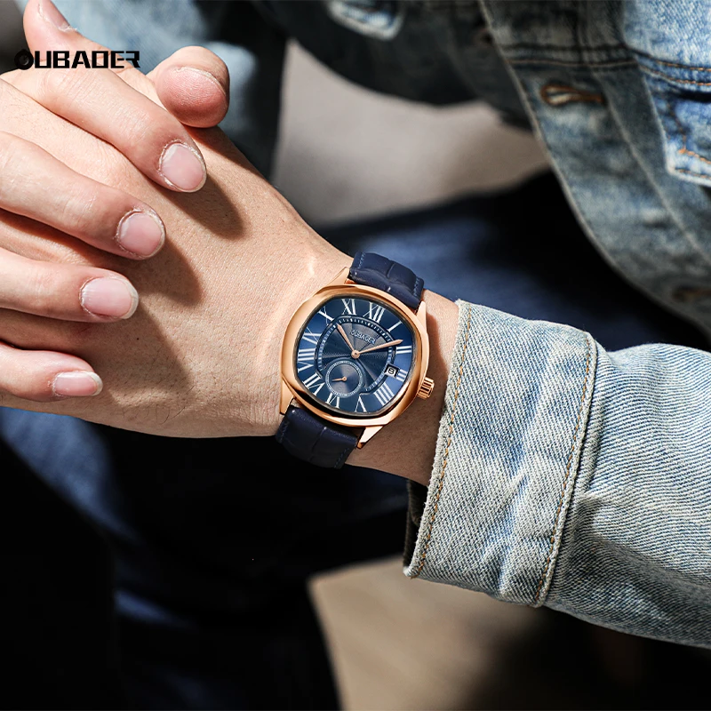 OUBAOER-reloj de pulsera cuadrado para hombre, cronógrafo de cuarzo, con fecha automática, resistente al agua, de cuero, de alta calidad