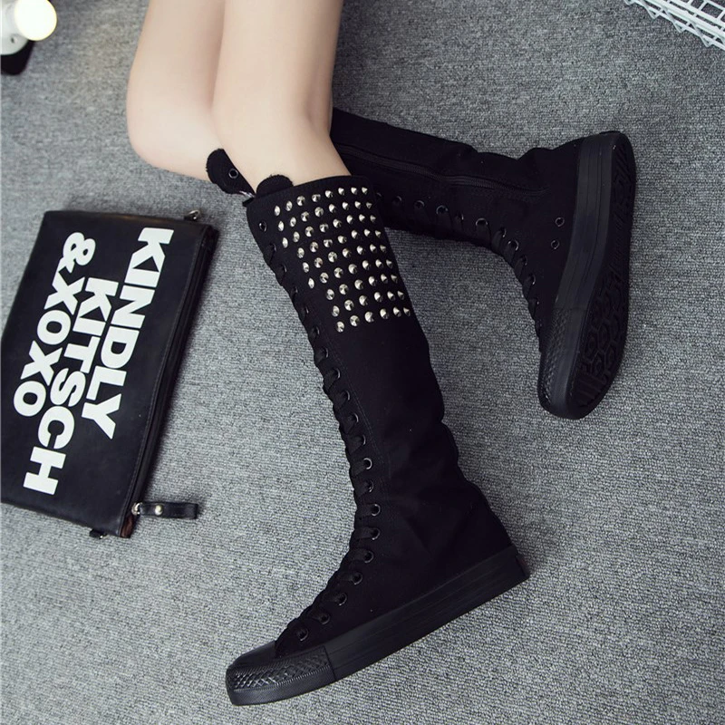 Women Canvas Boots Punk Rivet Shoes Slip On Flat Mid- Calf Sneakers Casual Comfortable Outdoor Soft Shoes Boot Plus Size 34-43