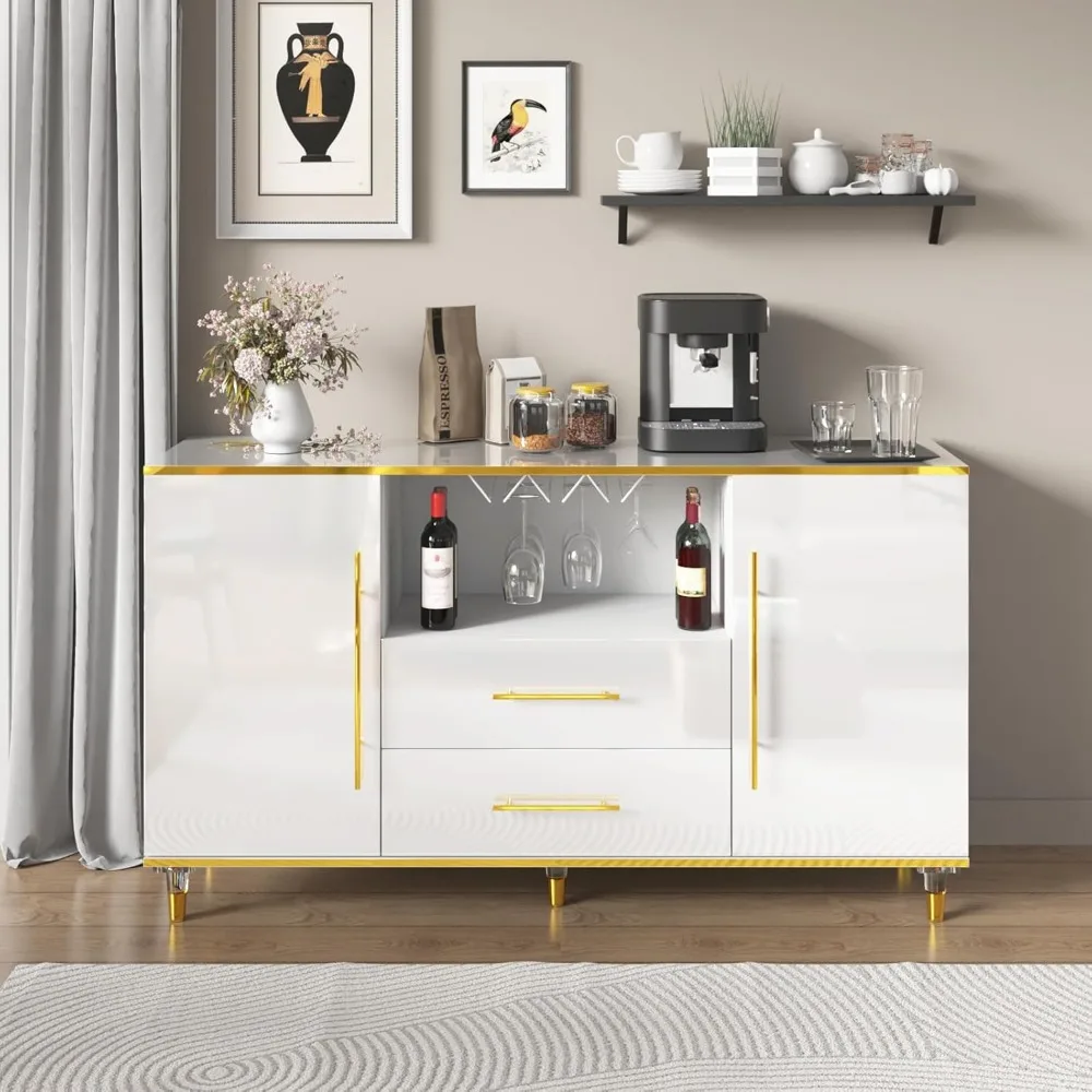 Buffet Cabinet, 55" Kitchen Sideboard with 2 Drawers and Wine Glass Holder, High Glossy Storage with Adjustable Shelves, Coffee