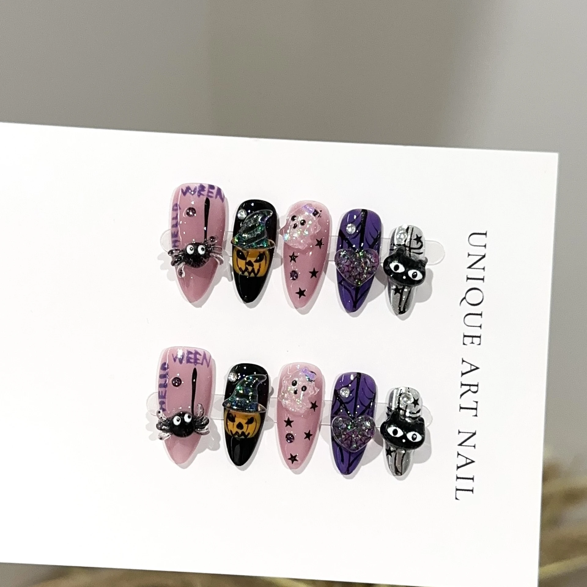 10pcs Glossy Almond Handmade Fake Nails Hand-painted 3D Pumpkin Ghost Spider Cat Decor Press On Nails Halloween Style False Nail