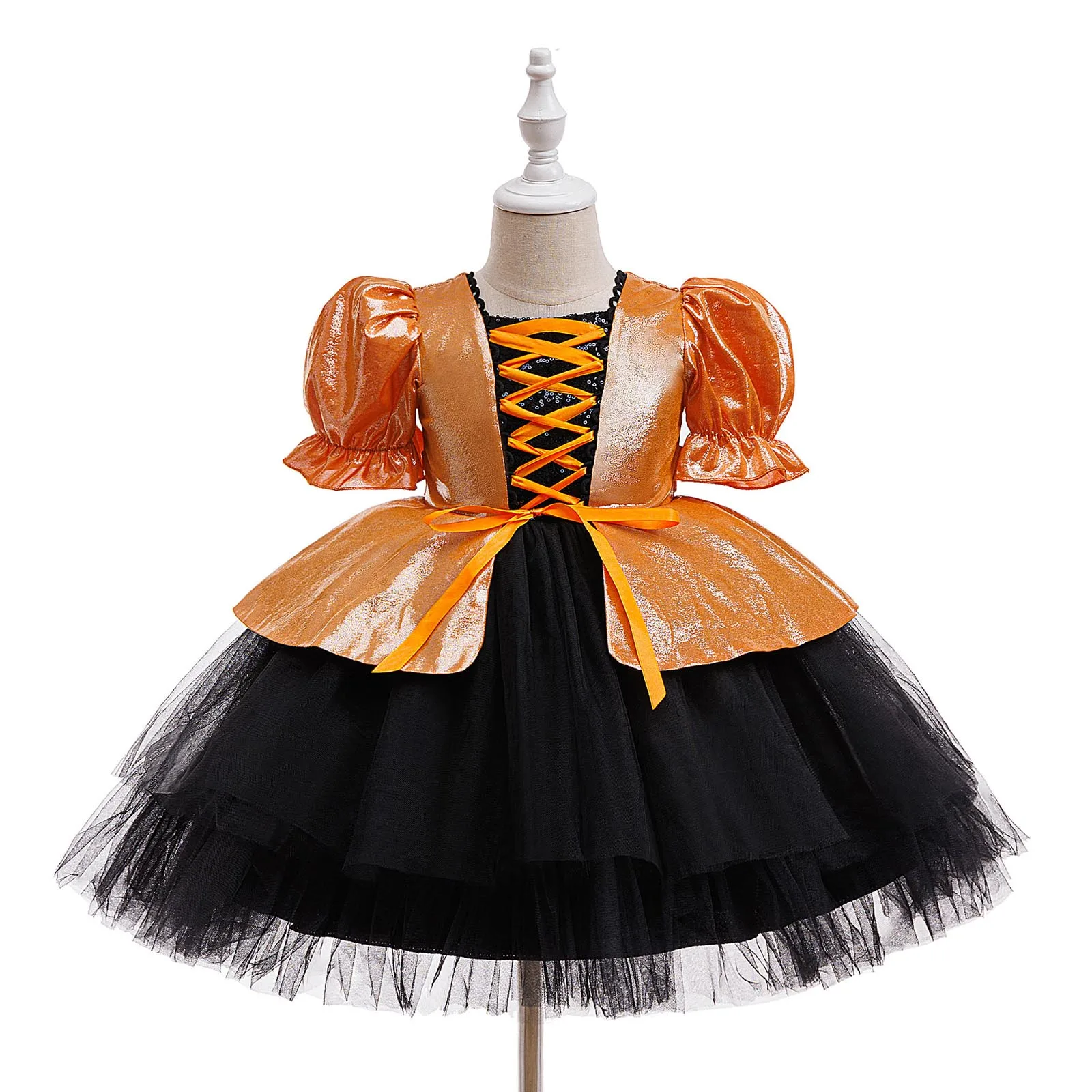 Kids Girls Puff-sleeve Back Metallic Bodice Belted Tutu Tulle Dress for Ballet Dance Figure Skating Show Halloween Witch Costume