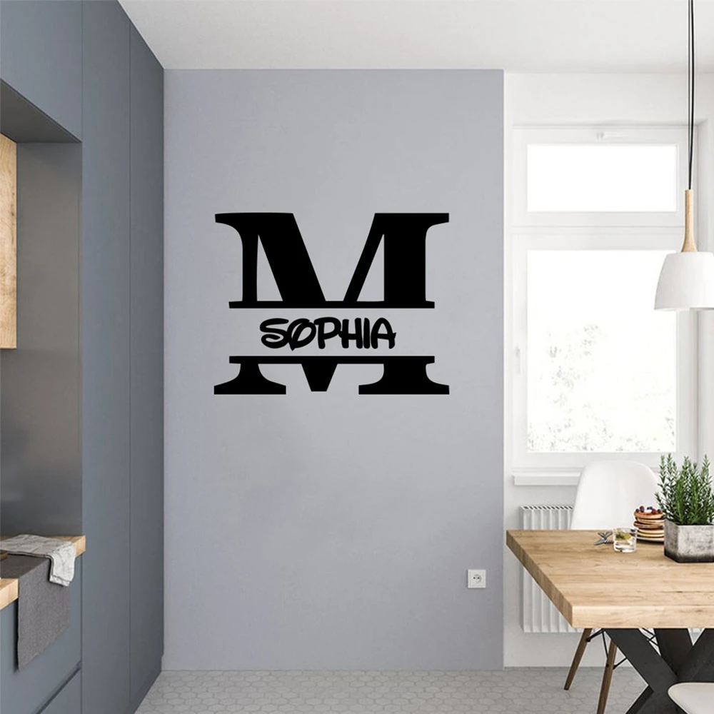 Papier peint auto-adhésif en vinyle avec nom personnalisé, lettre M créative, pour salle d'étude, art mural, 1 pièce