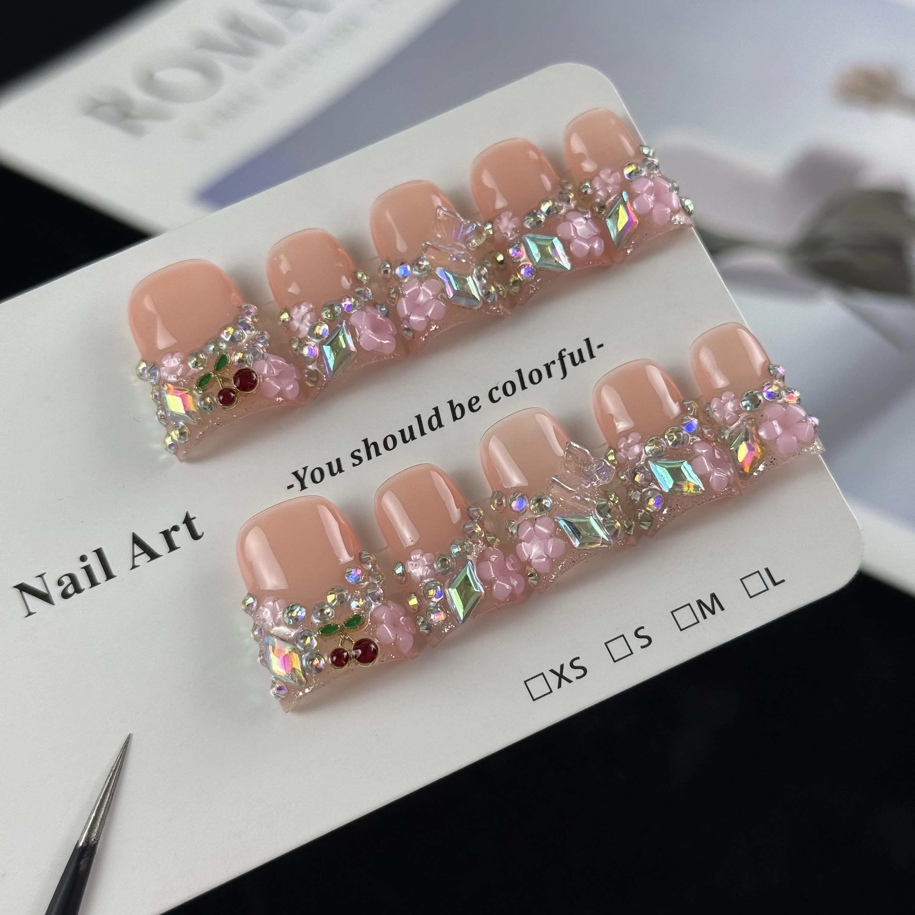 10pcs high-end Elegant style design, hand-painted three-dimensional butterfly, cherry, flowers, glittering small diamonds hand