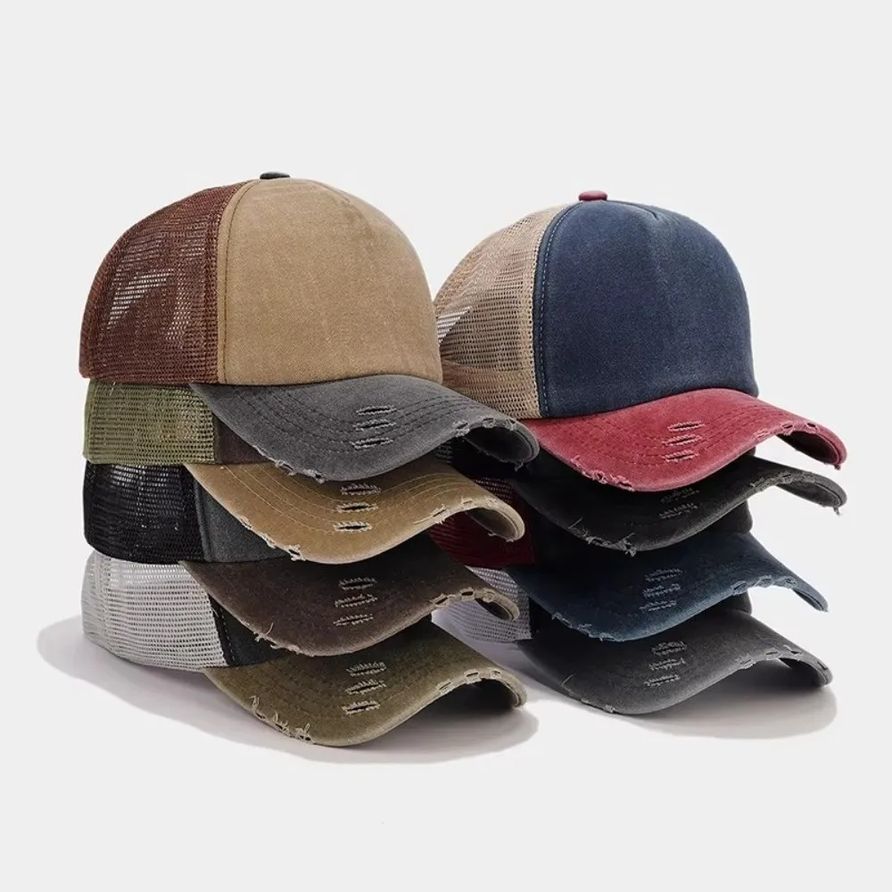 

Casual Color-blocked Baseball Cap Washed Cotton Breathable Mesh Sun Hat Thin Lightweight Snapback Hat