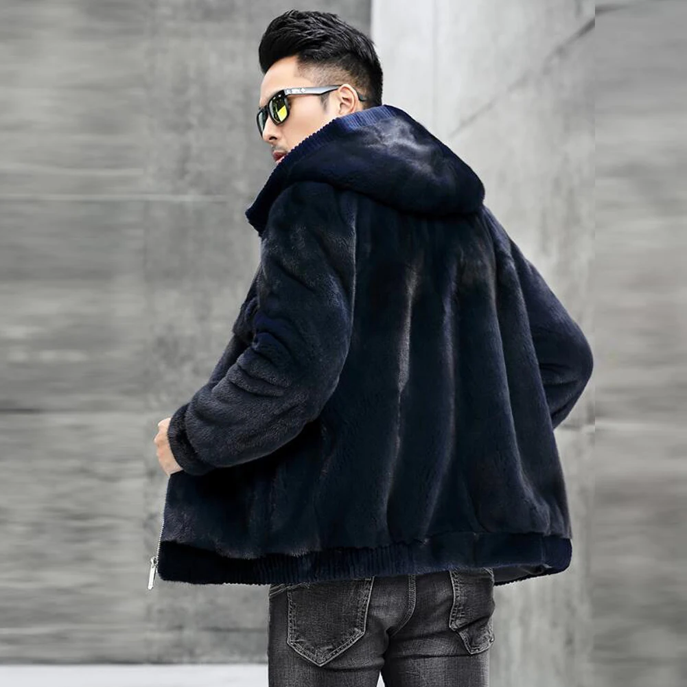 Denny&Dora Men's Mink Fur Jacket Mink Fur Coat Hooded Blue Fur Jacket Short Mink Fur Coat For Men