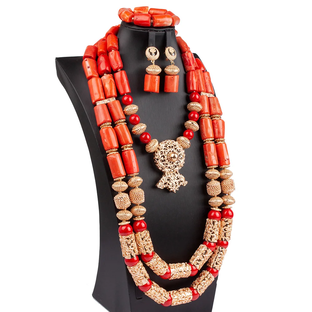 Fantastic Real Coral Bridal Beads Jewelry Set 3 Layers Coral Silver Nigerian Wedding Bib Statement Necklace Earrings Set  ABG176