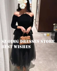 OIMG Prom Dresse Arabic Long Sleeves Ruched Black Strapless Ankle Length Customized Women  Gowns Formal Party Dress Customized