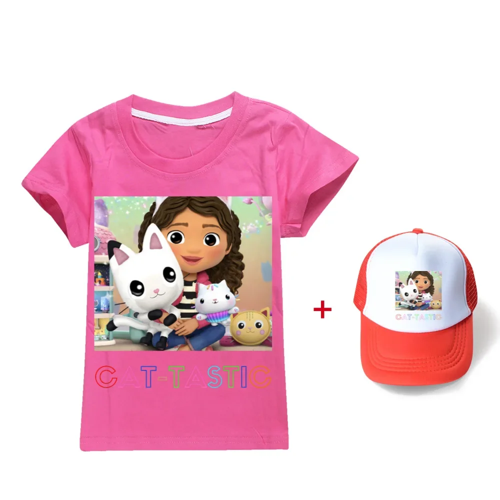 

Gabbys Dollhause Clothes Kids Short Sleeve T-shirt+cap Boys Gabby Cats Tshirt Children's Clothing Girls Summer Short Sleeve Tops