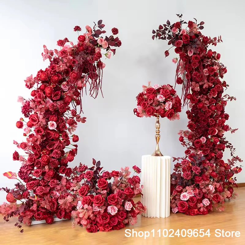 Red Rose Peony Floral Arrangement Horn Arch Wedding Decor Flower Stand Artificial Floor Flower Table Centerpiece Ball Party Prop