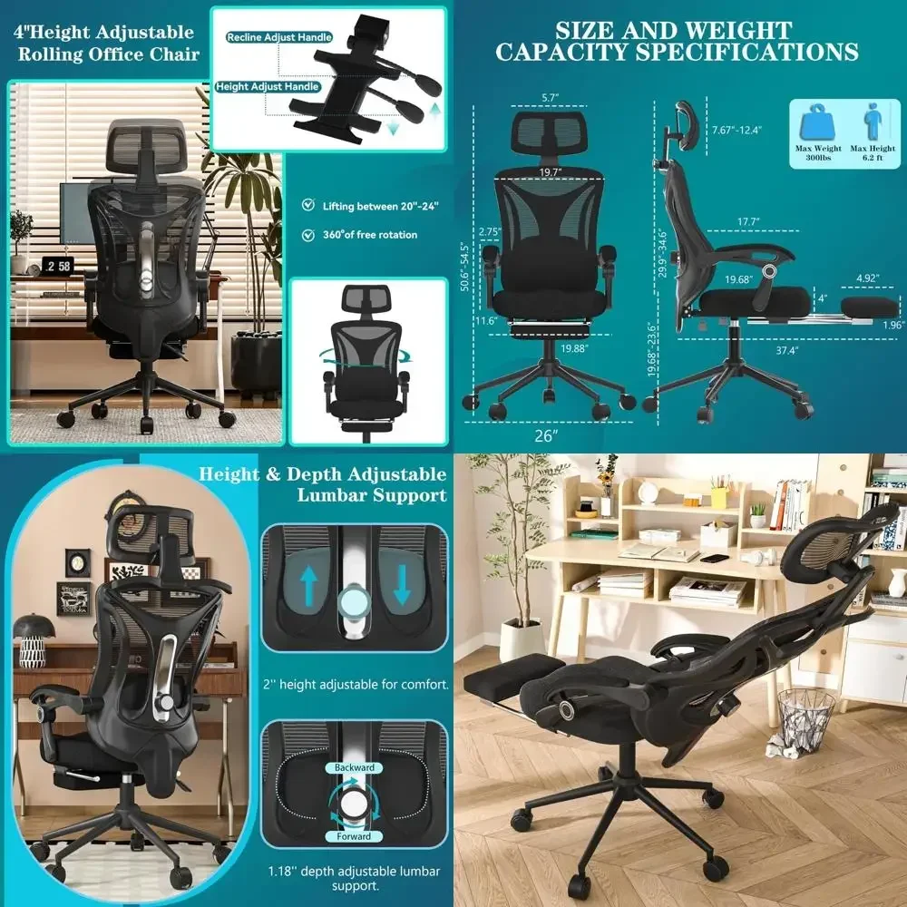 

Эргономичное офисное кресло - регулируемые опоры для поясницы и головы, 90-160 см ° Кресло с откидной спинкой и подставкой для ног, дышащая сетчатая спинка - для домашнего офиса/игр