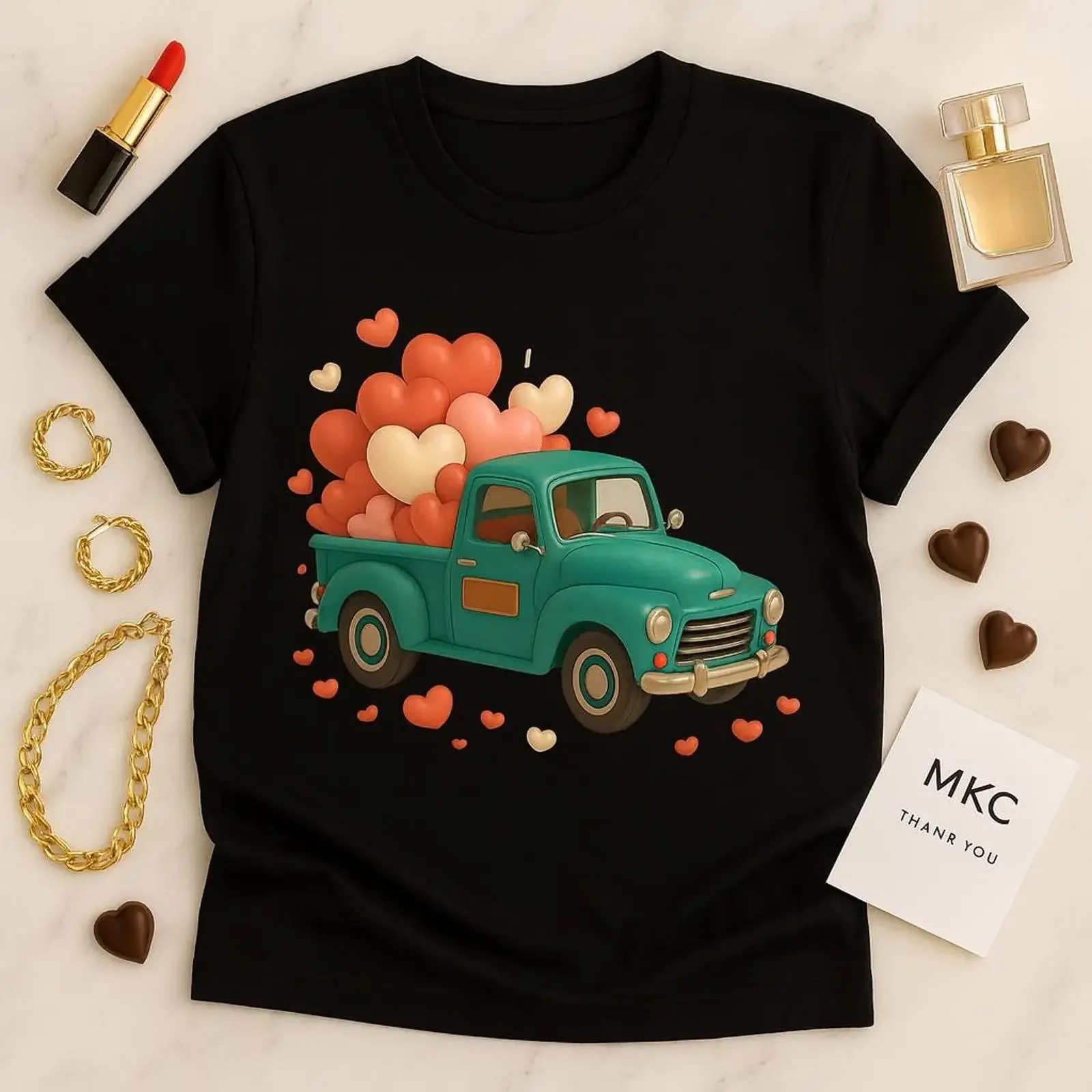 Teal Love Truck Valentine T Shirt Retro Pickup with Floating Hearts  vintage Washed homme Breathable streetwear Versatile Soft