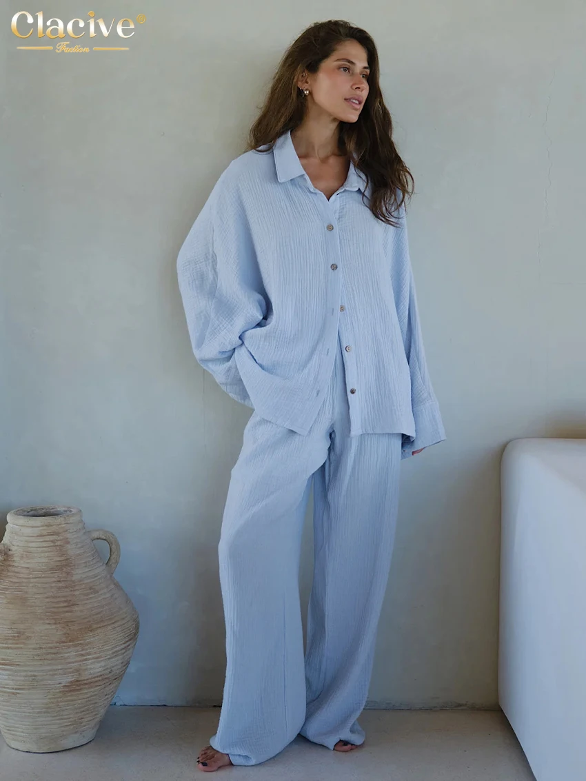 

Clacive Casual Loose Blue Cotton Home 2 Piece Sets Women Outfit 2024 Elegant Long Sleeve Blouses With High Wiast Wide Pants Set