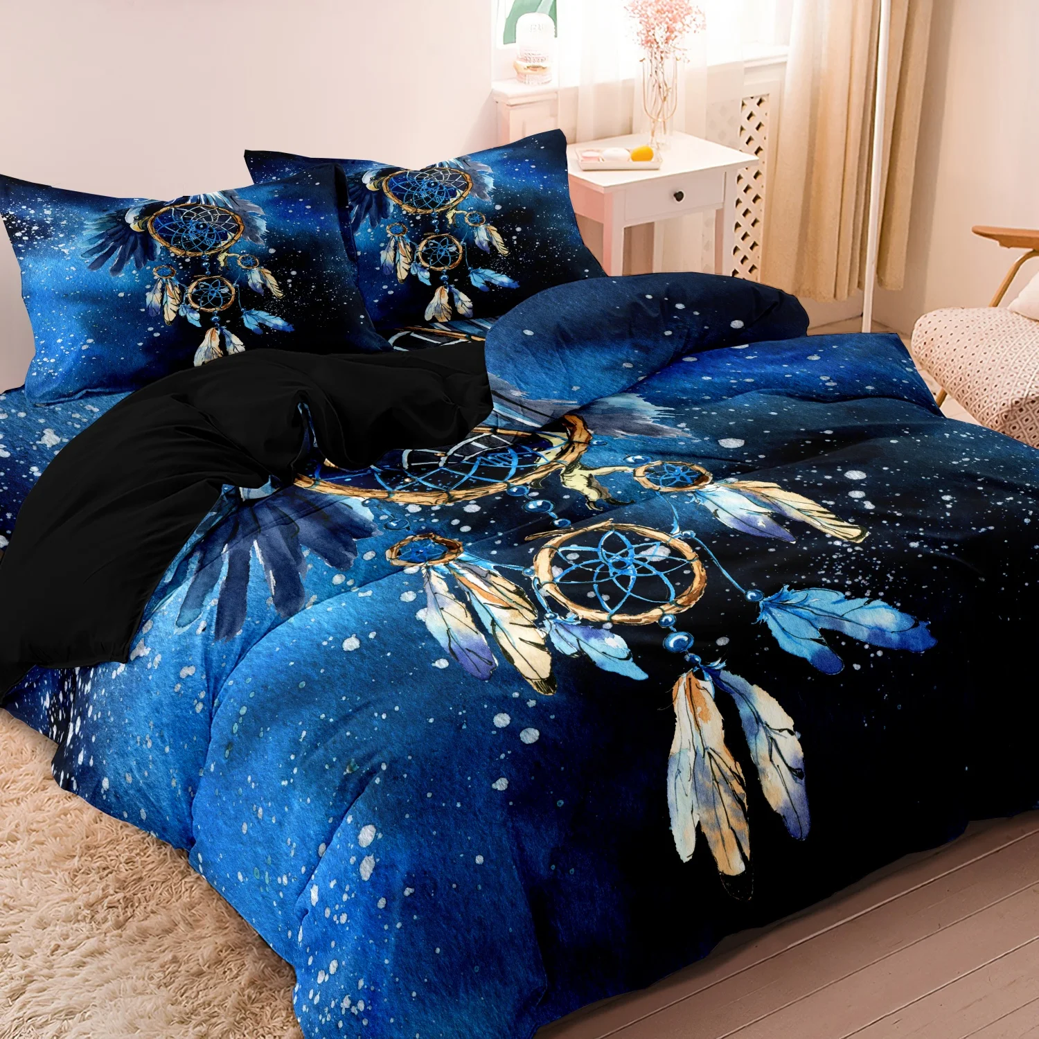 3 Pieces Deep Blue Starry Sky Dreamcatcher Feather Print Duvet Cover Set, Bohemian Galaxy Snowflake Mystical Print Bedding