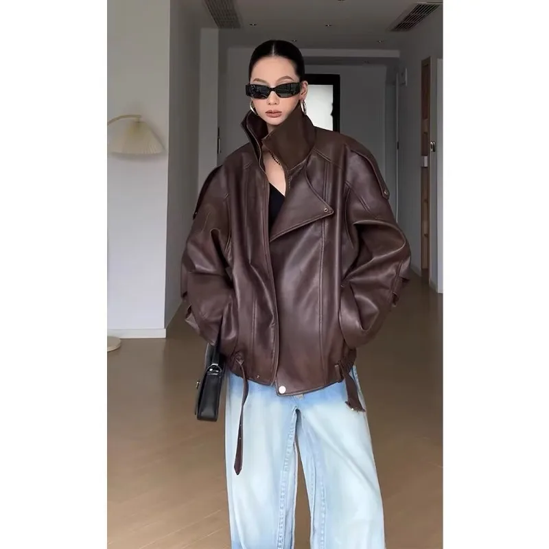 Ropa de abrigo nuevo estilo americano Retro envejecido marrón PU chaqueta de cuero primavera otoño con estilo callejero sensación de alta gama abrigo de mujer
