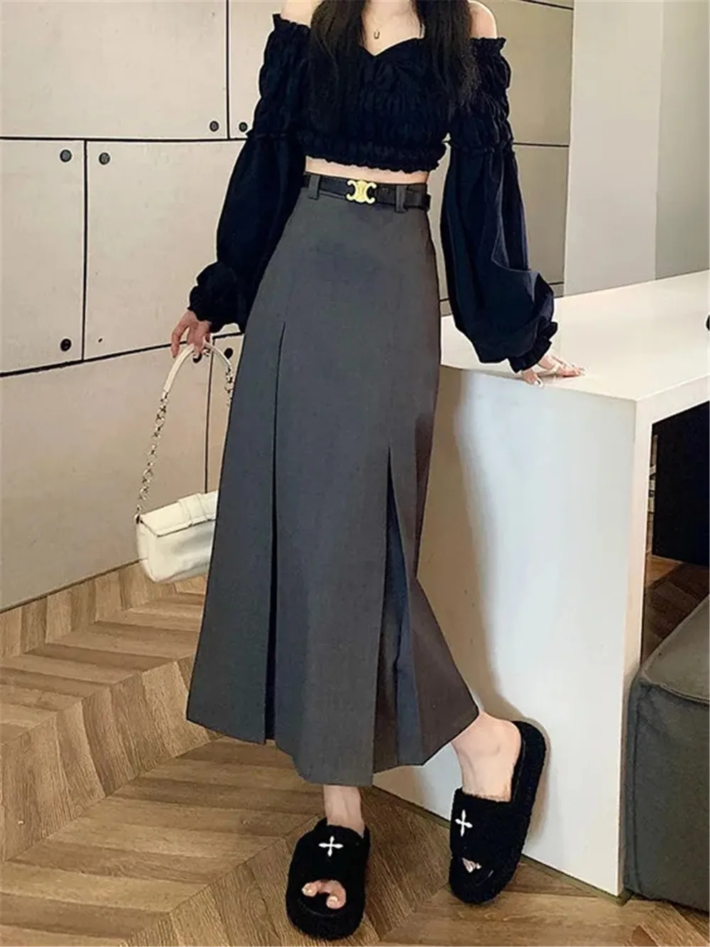 S-3xl Straight Long Irregular Pleated Suit Skirt Women Autumn Korean High Waist Black Midi Skirts Female Gray Preppy Streetwear