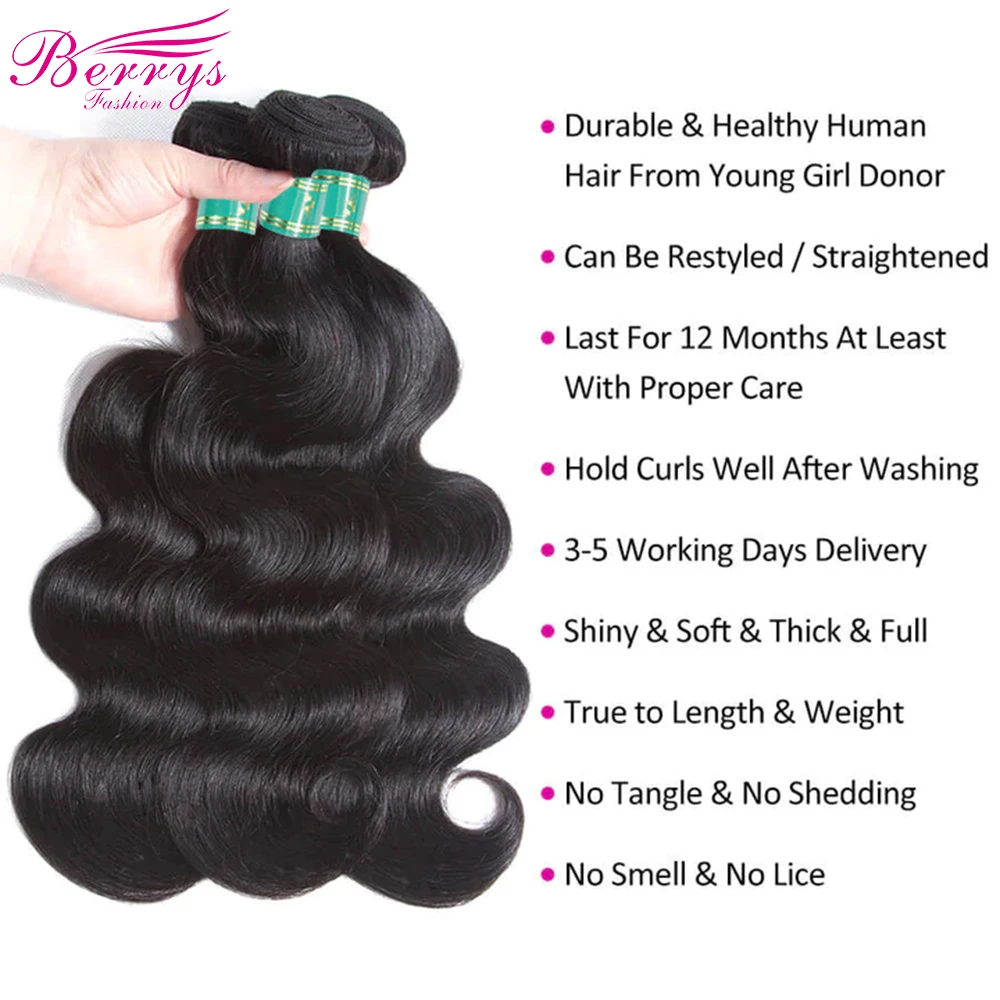 Berrys Fashion Body Wave Bundles With 4x4 & 5x5 & 6x6 Closure Brazilian Virgin Hair Weave 100% Human Hair Extension 10-28inch