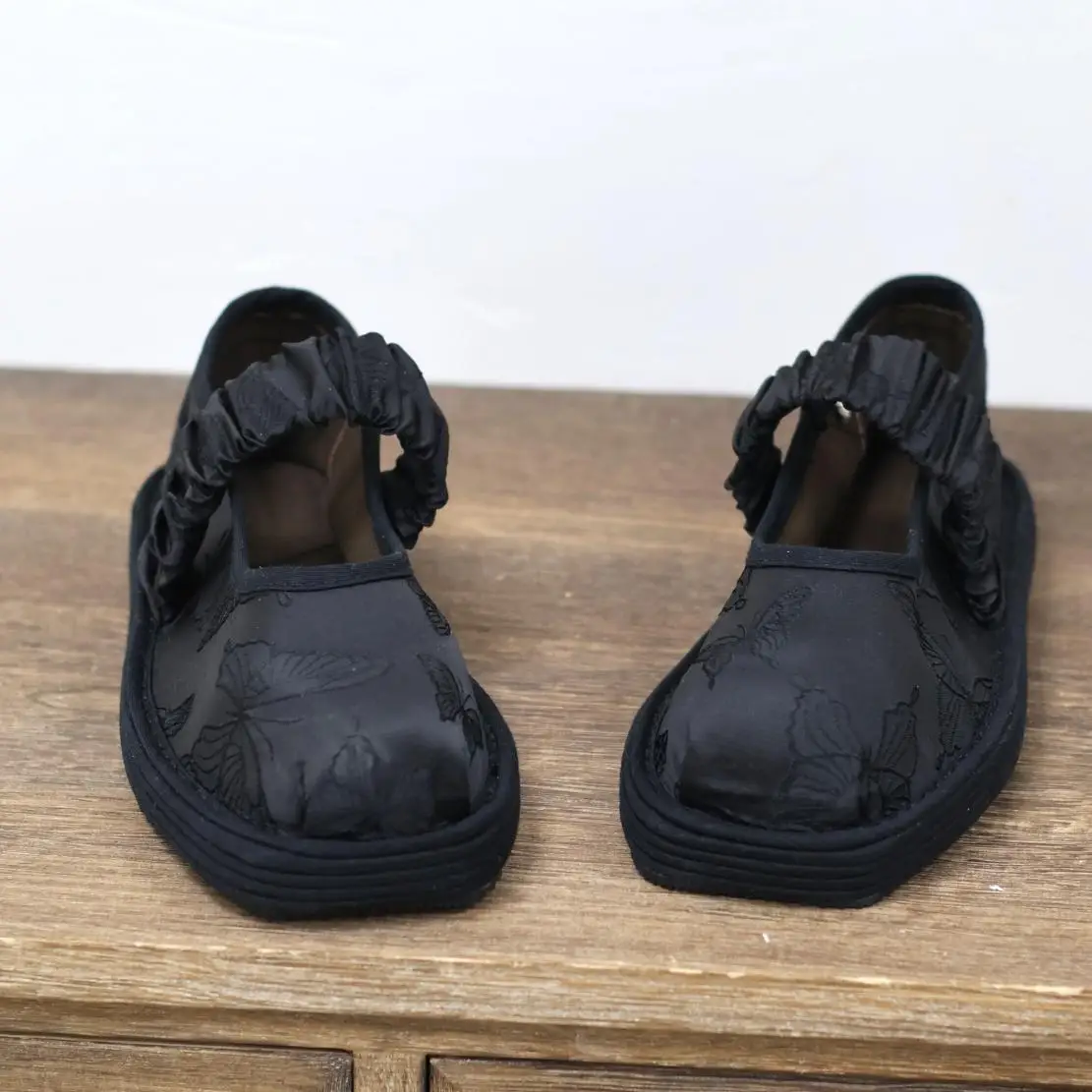 2026 new square head ballet elastic band Chinese style summer breathable flat bottom one pedal lady women's shoes