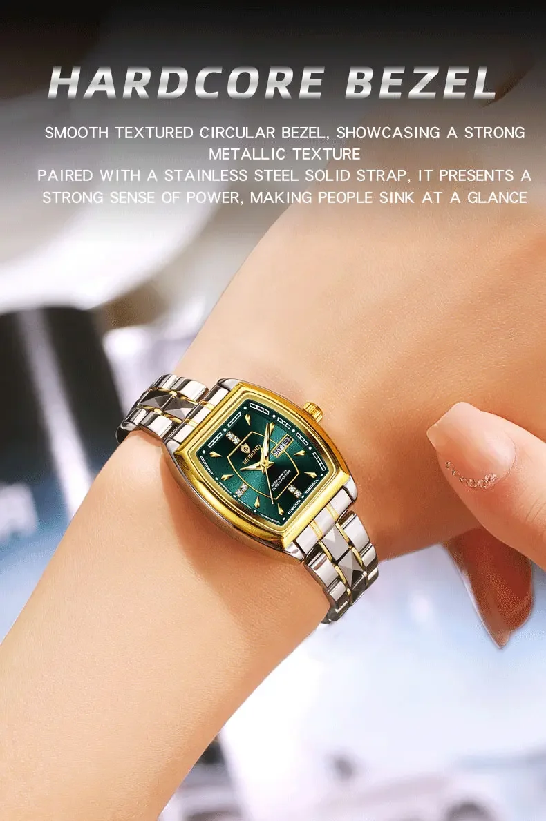 BINBOND New 2pcs/Set Square Couple Watch Fashion Stainless Men Ladies Quartz Watch Lover Waterproof Date Week Luminous Watches