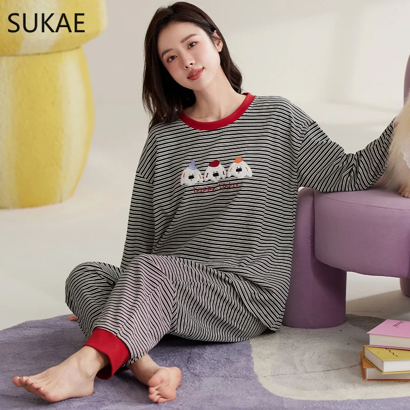 SUKAE Cute Cartoon Loungewear Women Autumn Spring Woman Pajama Set Pullover Long Sleeves Girl Nightwear Homesuit Mujer Sleepwear