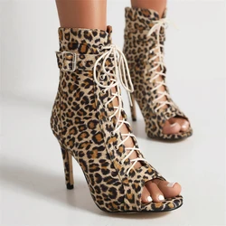 Summer Spring Ankle Boots For Women Shoes Sexy Heels Short Boot Ladies Peep Toe Lace Up Leopard Party Dance Shoe Female Big Size