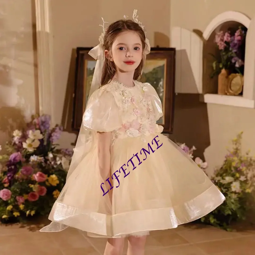 أنيقة الشمبانيا ثلاثية الأبعاد الزهور فتاة فستان مطرز ألف خط الأميرة الاطفال الزفاف عيد ميلاد أداء فستان حفلات مخصص #2