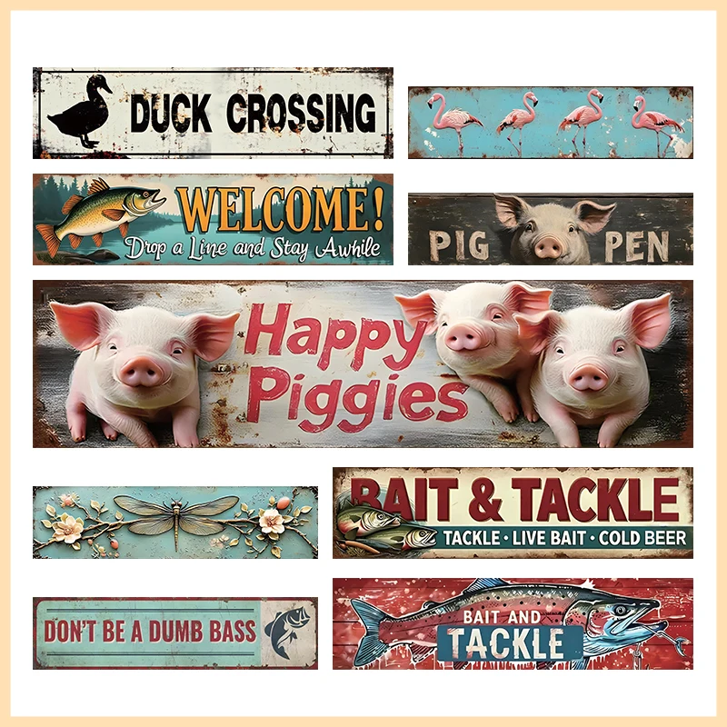 Metal Signs Happy Piggies Vintage Tin Sign for Home Office Kitchen Bar Cafe Garden Farmhouse Pig Coop Wall Art Decoration