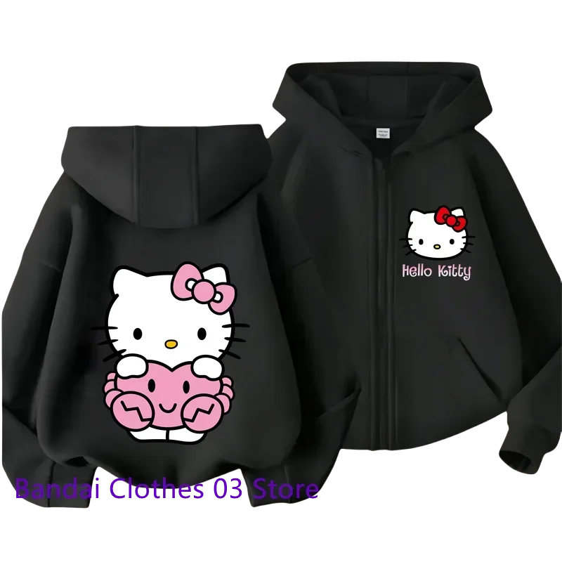 Cute Hello Kitty New Pin Zipper Hoodie Girls Sweatshirt Autumn/Winter Long Sleeve Jacket Harajuku Jumper Pin Casual Hoodie Top