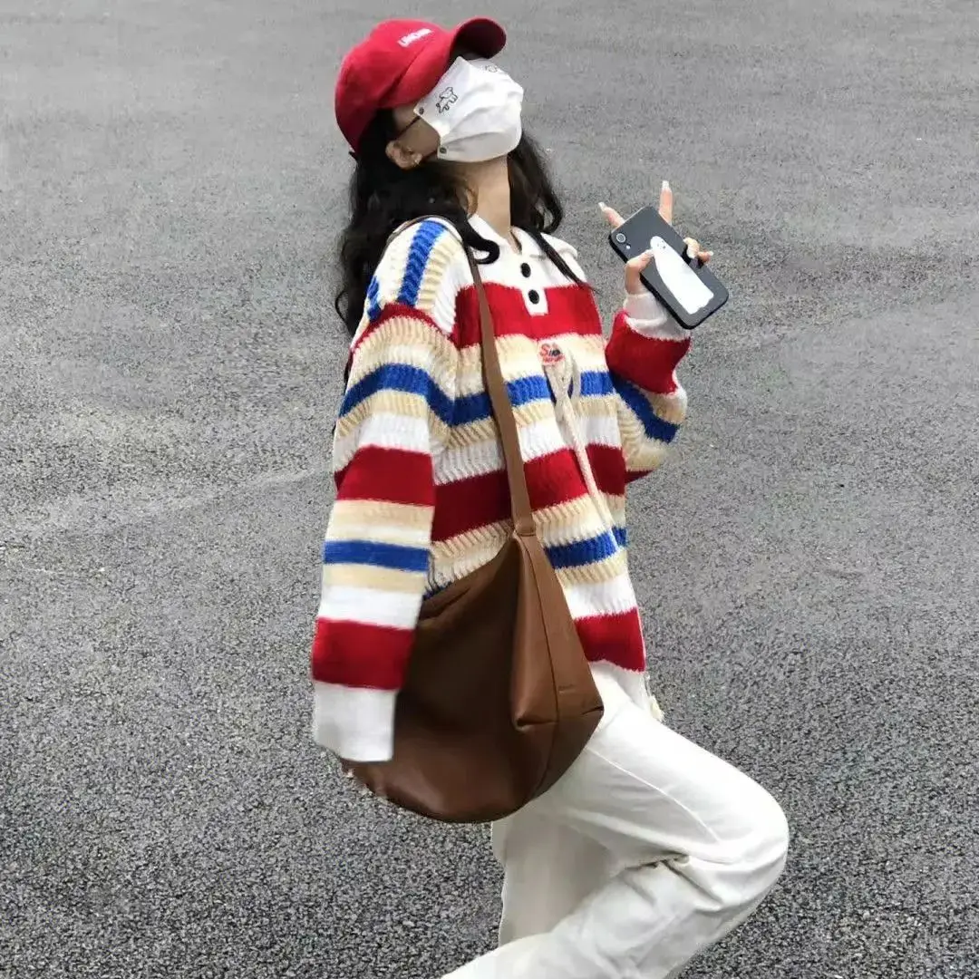 Japanese Retro Rainbow Striped Polo Collar Oversize High-End Sweater Women Autumn Winter New Lazy Style Knitted Sweater