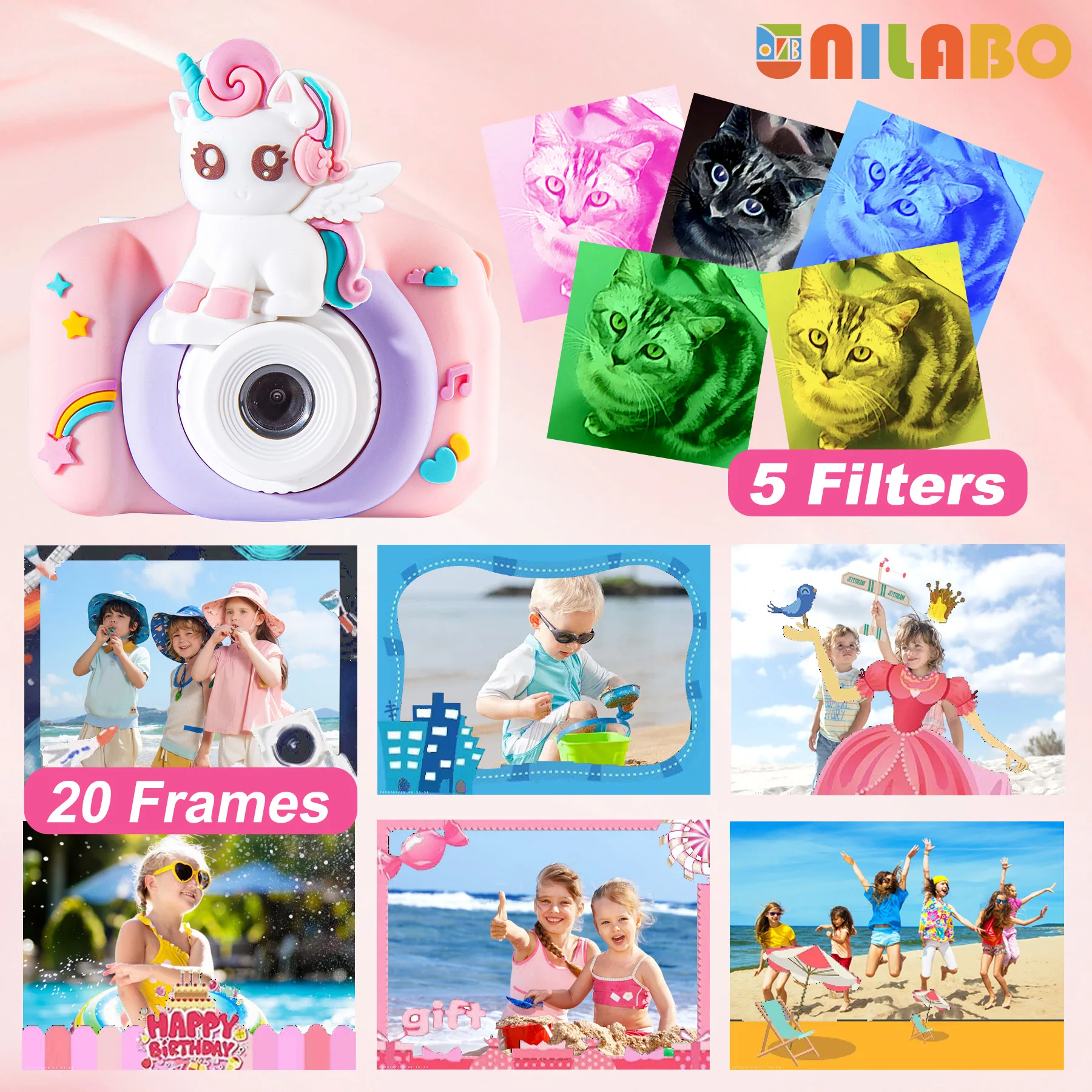Atualize câmera selfie infantil, câmera filmadora de vídeo infantil HD com capa macia de desenho animado, presentes ideais para festival com cartão SD de 32 GB