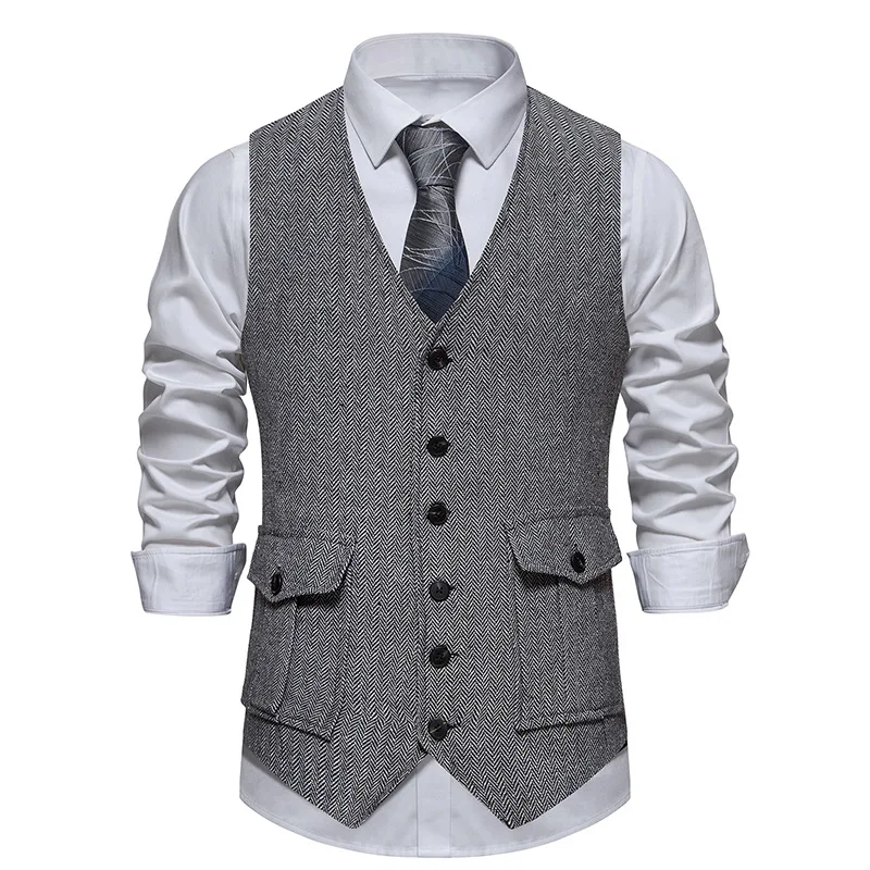 Mens Vintage Suit Vest V Neck Casual Wool Waistcoat for Wedding Groomsmen